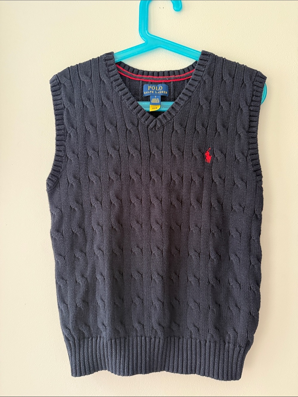 Polo by Ralph Lauren Navy Cable-Knit V-Neck Sweater Vest with Red Logo